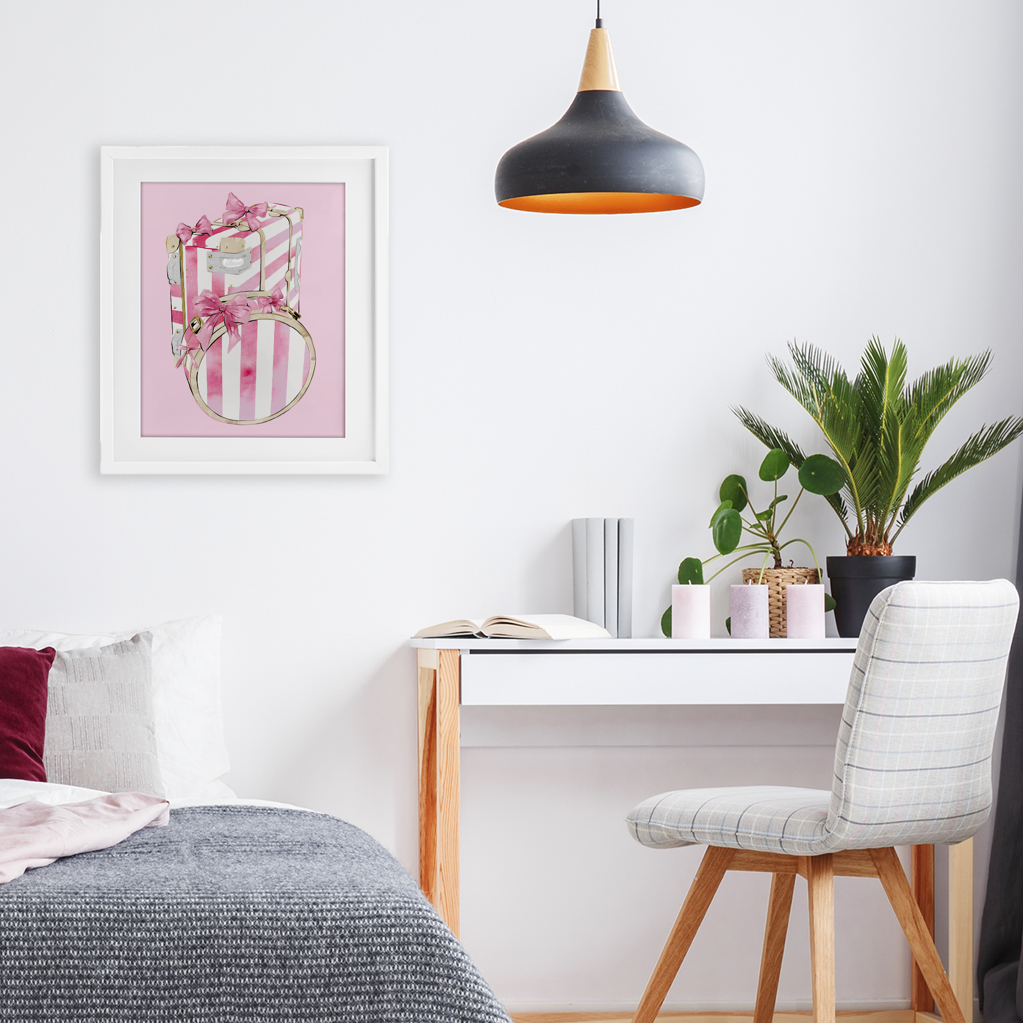 Pastel Stripe Luggage White Framed Print Under Glass, design by Ziwei Li