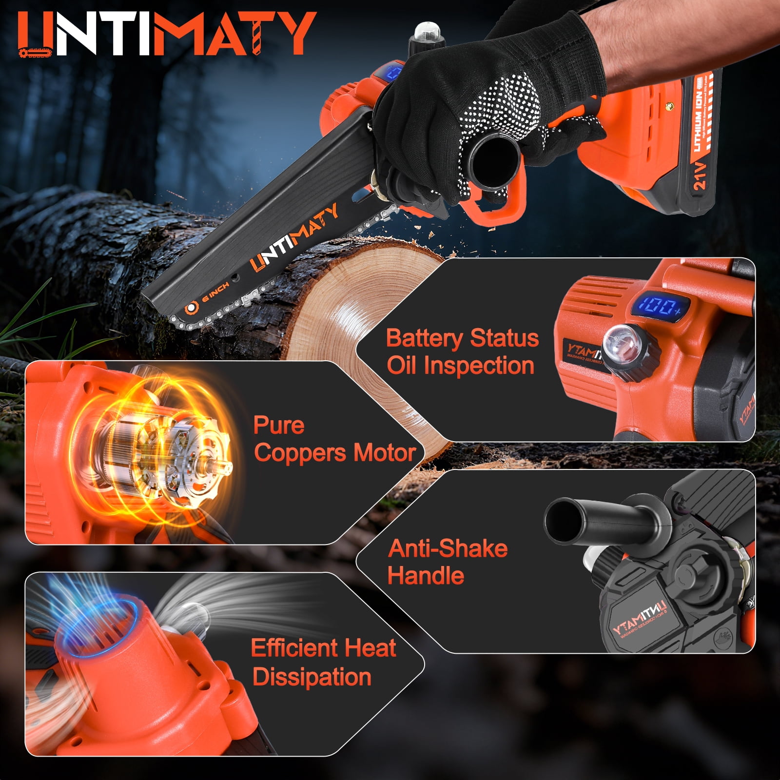 UNTIMATY Mini Chainsaw 6 Inch, 21V Cordless Electric Chainsaw with 2 Batteries & 2 Chains, Safety Lock, Handheld Chain Saw for Tree Trimming Wood Cutting Pruning