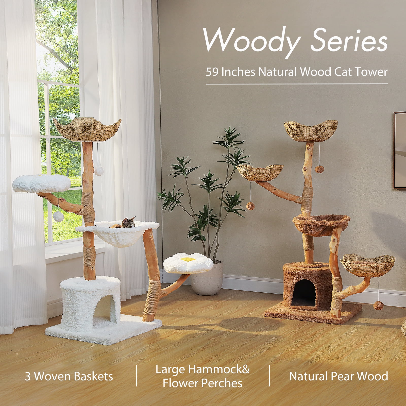 Pefilos 59" Modern Cat Tree Tower with 2 Flower Perches, Condo, Wicker Basket Bed, Boho Cat Furniture with Real Branch Scratching Post, Brown