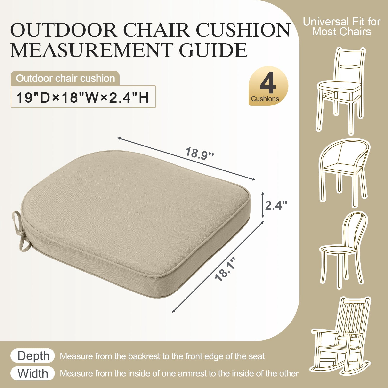 BPS 18" x 19" Outdoor Chair Cushion, Fade Resistant Patio Seat Cushion Pads with Ties, Set of 4 - Khaki