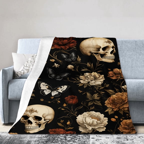 JOOCAR Skull And Floral Pattern Flannel Throw Blanket For Gift Home Sofa Bed Decoration 50x40 inch