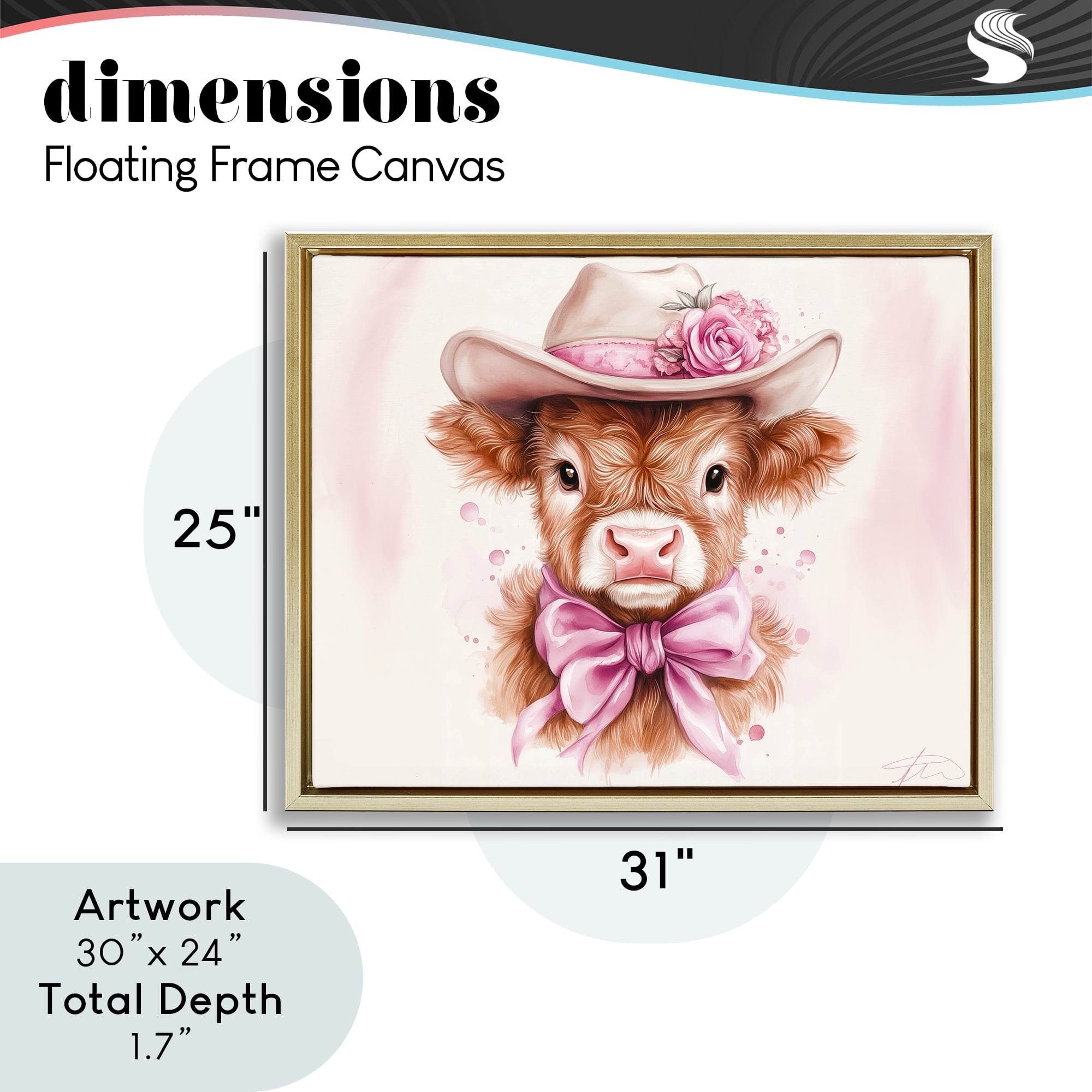 Pretty In Pink Cow Gold Framed Floater Canvas Wall Art, design by Shawna Stewart