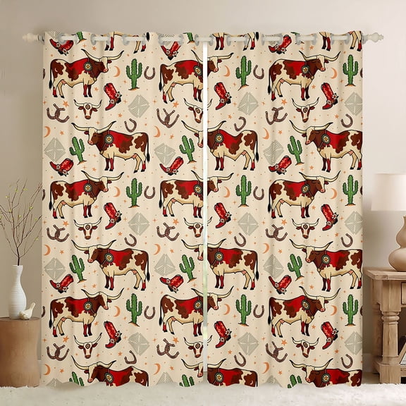 Feelyou Western Highland Cow Curtains Pack of 2 (42x84 Each), Cartoon Tribal Cactus Curtains Blackout, Rustic Animal Bedroom Curtains, Window Curtains Bedroom Decor