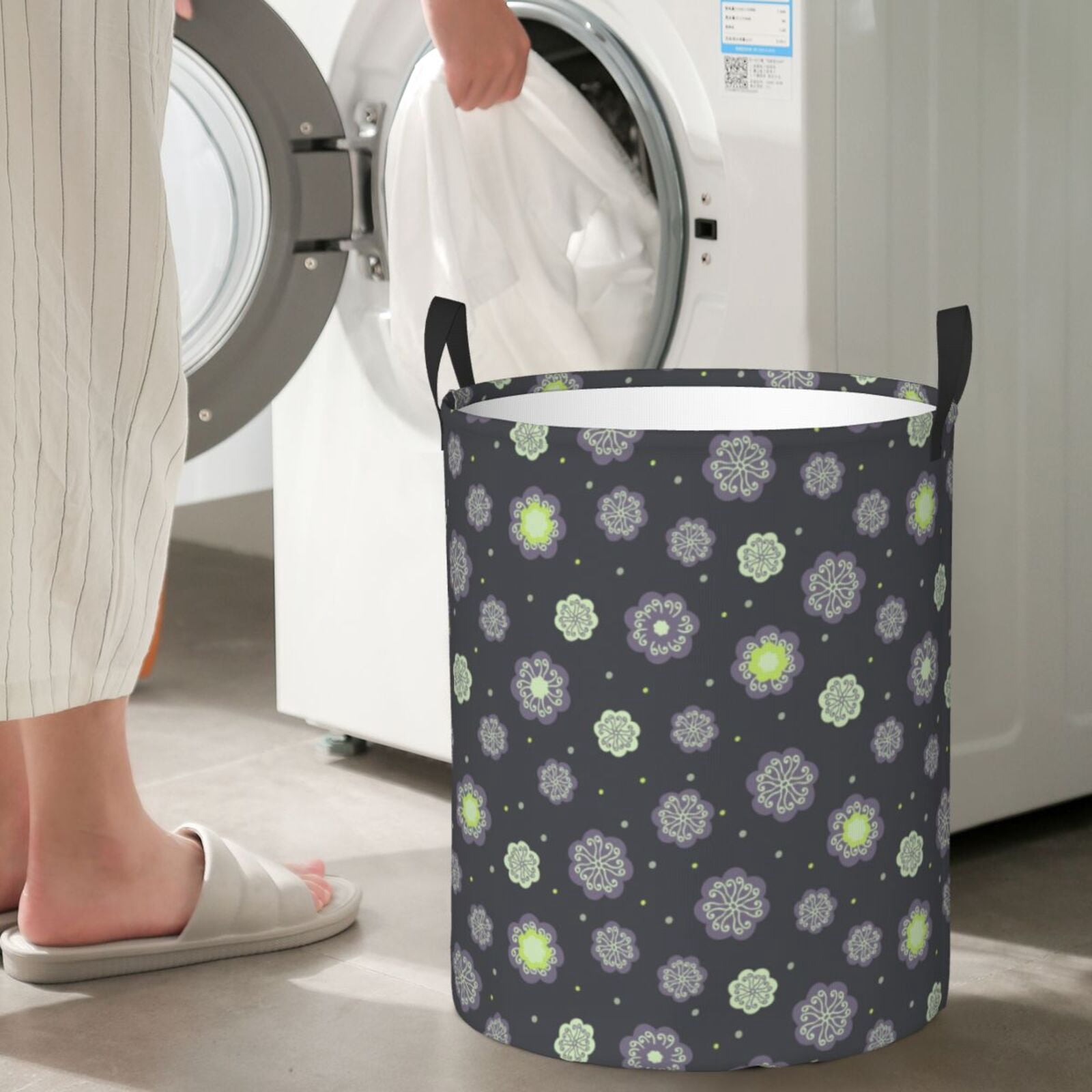 Large Laundry Basket with Handles - Purple Flower Kids Baby Dirty Clothes Laundry Hamper for Bedroom Aesthetic