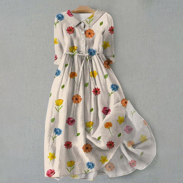 WILLBEST Vestidos de Algodon para Mujer, Estilo Coreano, con Cordones, Cintura Definida, Camisa, Vestido Midi de Verano, Media Manga, Vestido de Línea A A La Moda 360 Chica