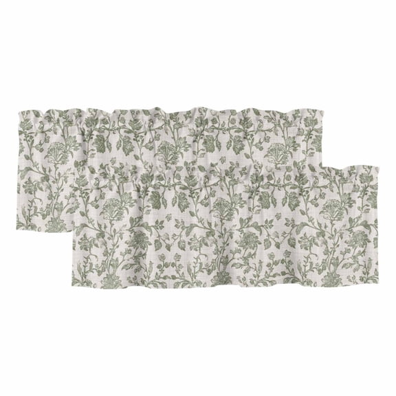 Spring Flowers Curtain Valances for Windows, Kitchen Valance Window Treatments Panel 2 Pack, Farmhouse Sage Green Pastoral Floral Leaf Rod Pocket Short Curtains for Bathroom Bedroom 54 x 18 Inch