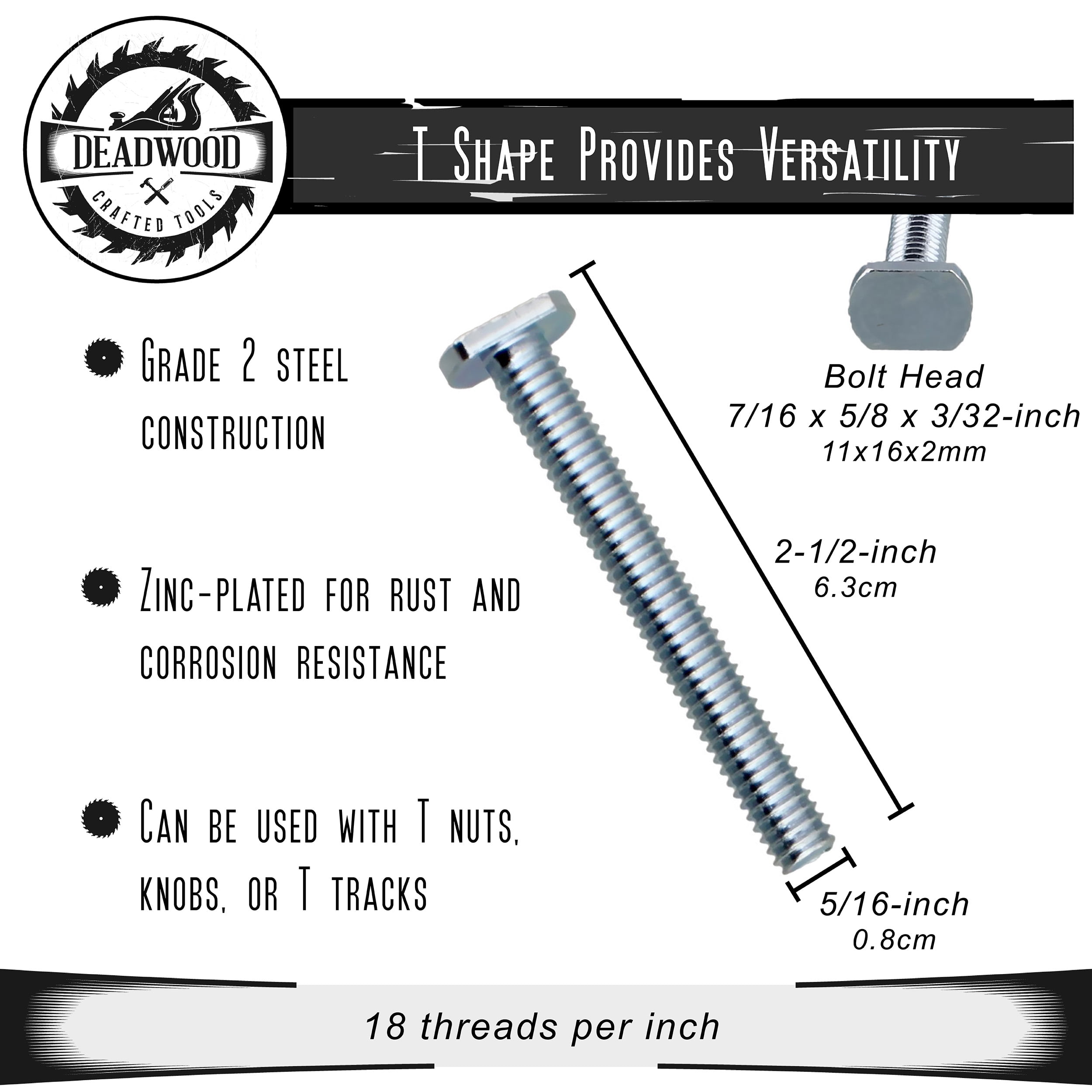 DCT Tee Bolt Set - 20 Pack 2-1/4 Inch T Bolts Woodworking, 5/16