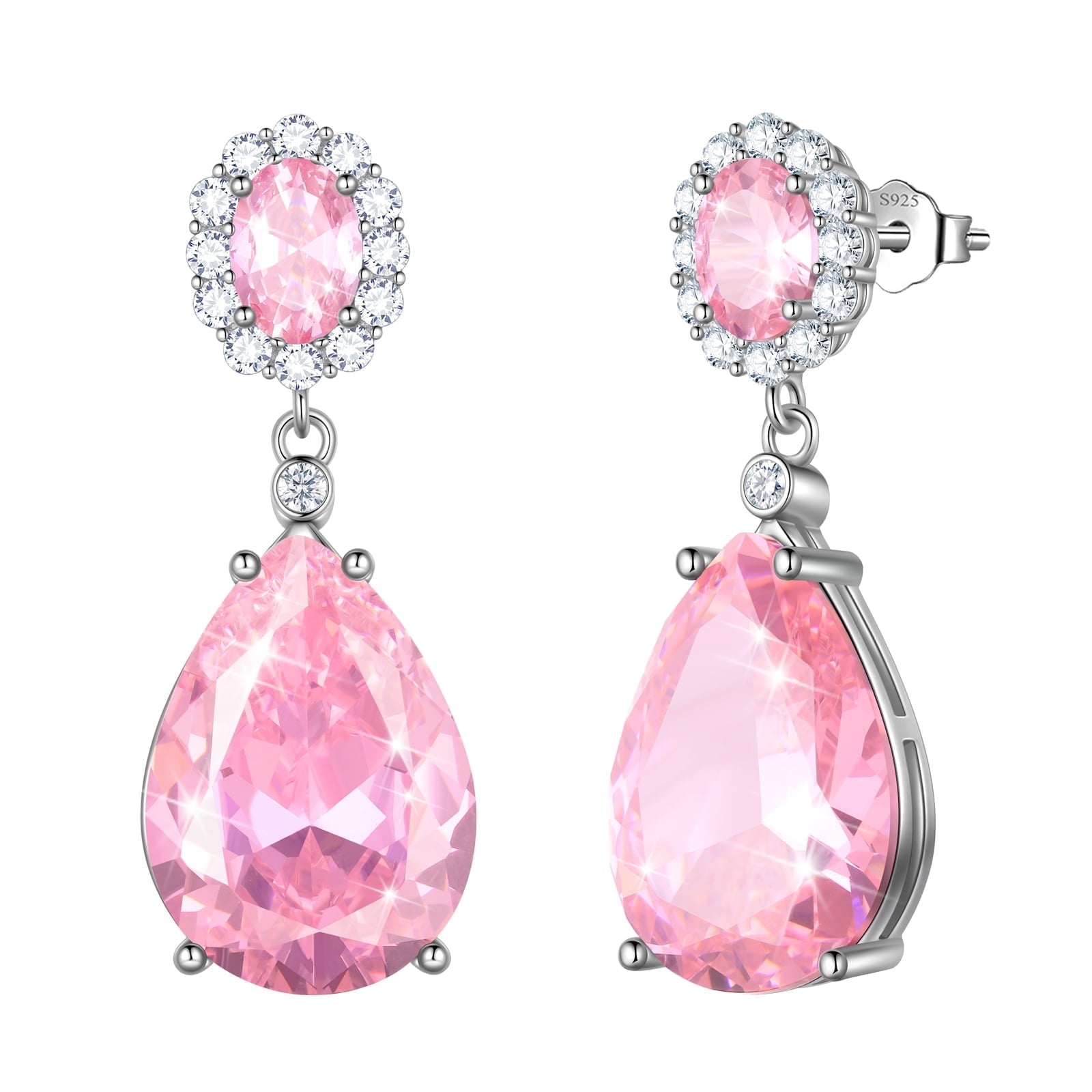 Juwaliy 10Ct Pink Women Dangle Earrings Teardrop October Birthstone Tourmaline Earring Jewelry 925 Sterling Silver Mom Birthday Christmas Valentine's Day Gift