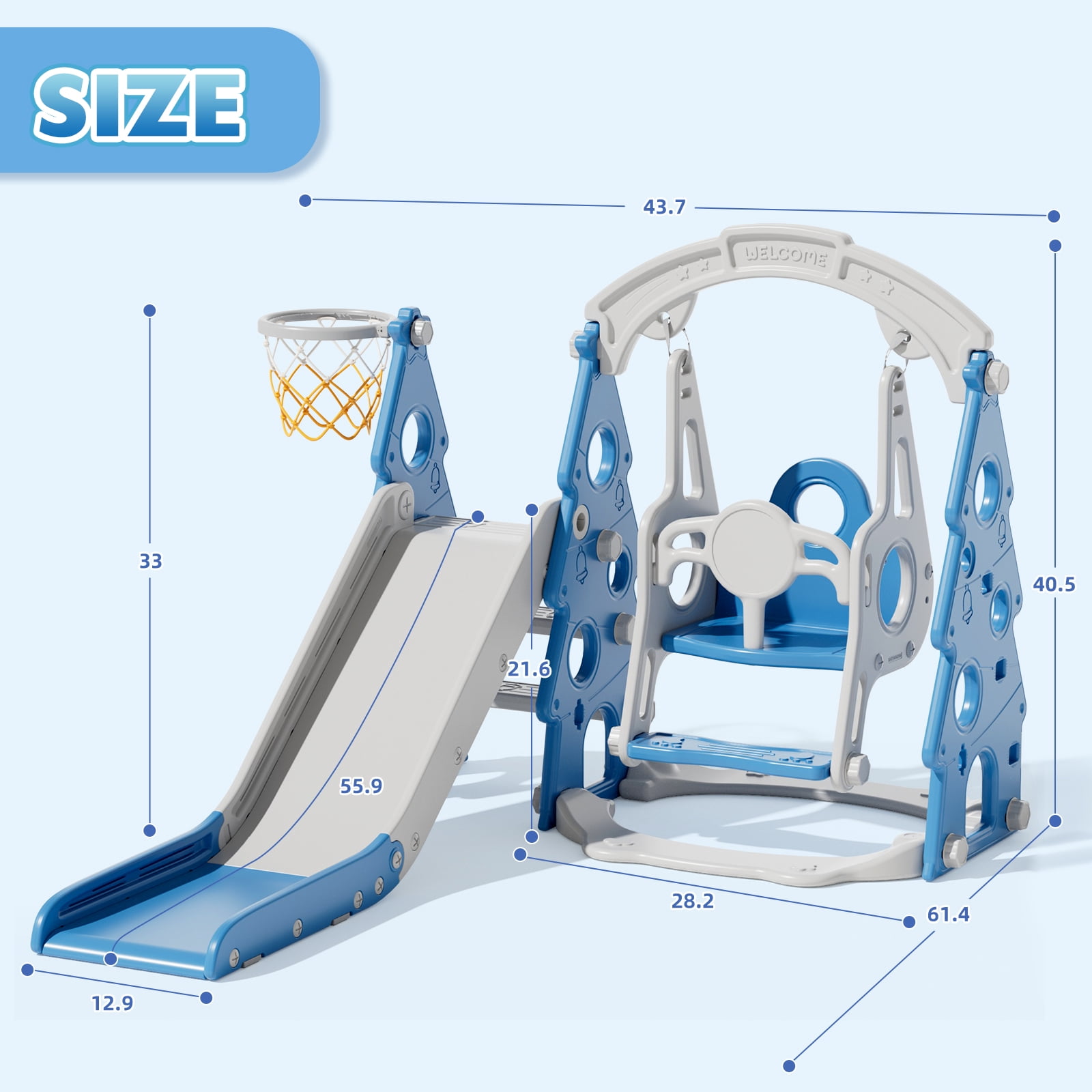 XJD 4-in-1 Toddler Slide and Swing Set, Kids Indoor Outdoor Playset with Basketball Hoop, Backyard Playground for Toddlers 1-3 Years Old, Blue