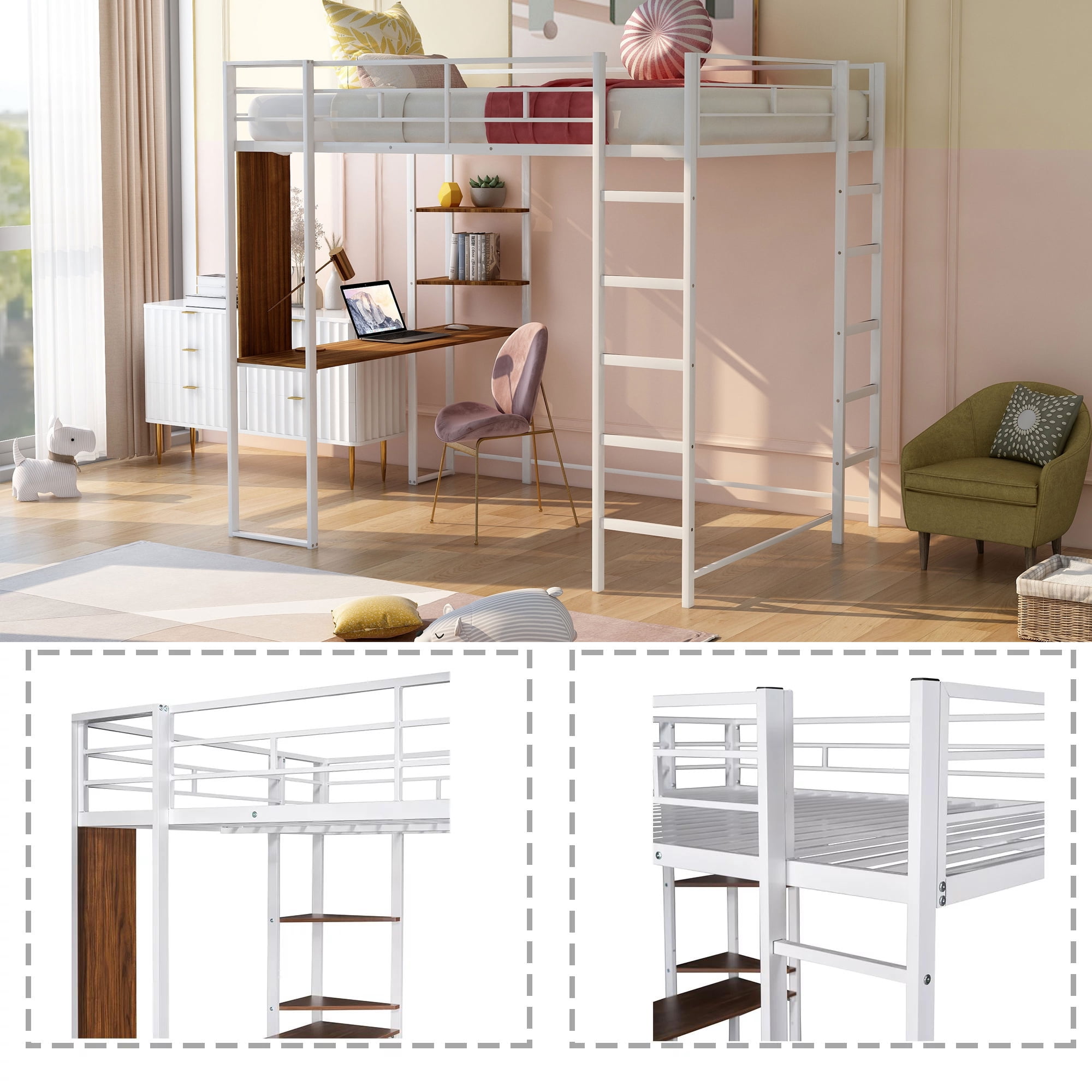 Gewnee Full Size Metal Loft Bed with Desk and Two Ladders for Kids and Teens,White