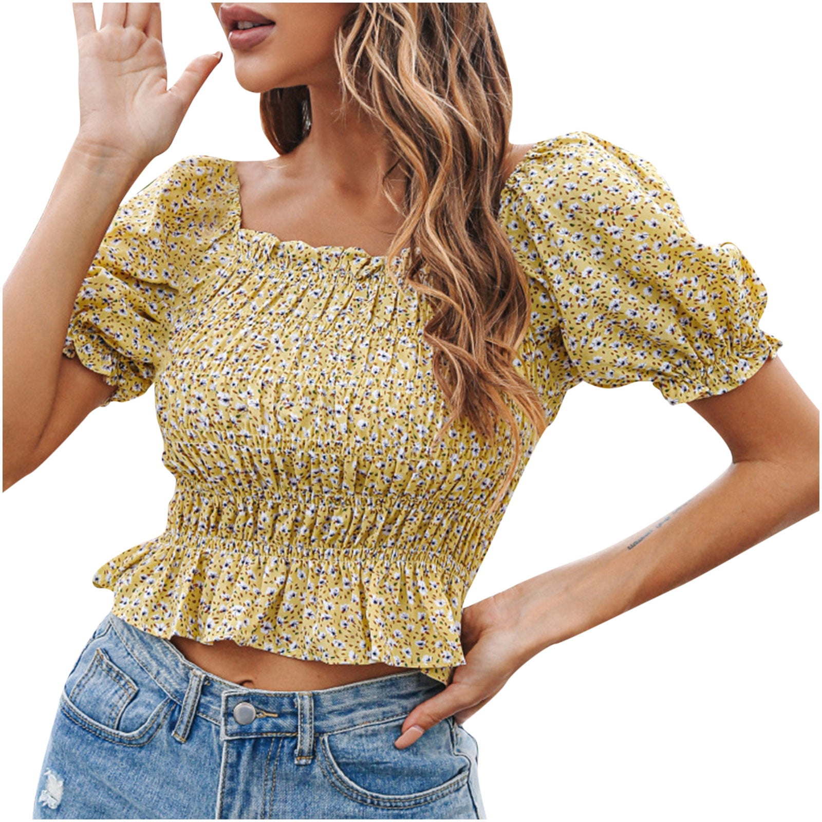トップス anuke Cutwork Puff Blouse Petite Floral Square Neck Puff Sleeve Top