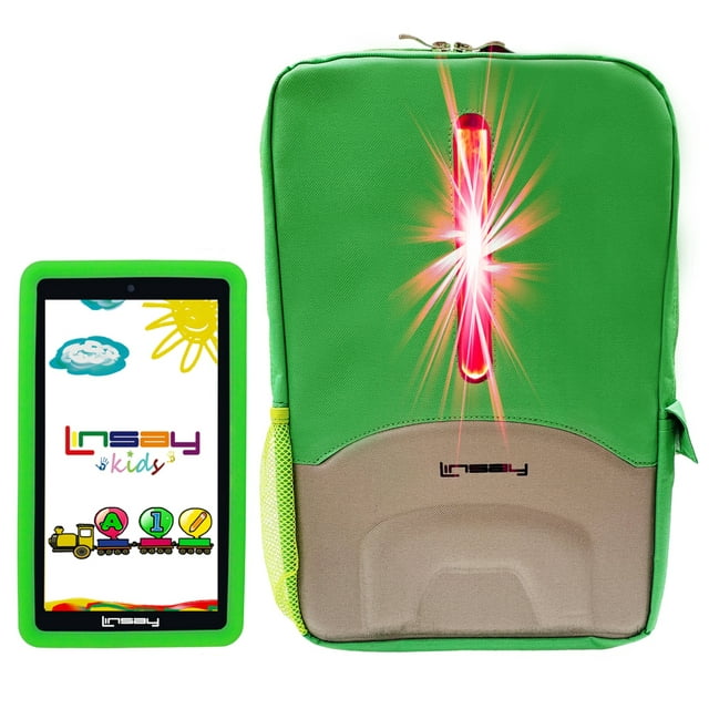 LINSAY 7" Kids Tablet 2GB RAM 32GB Android 12 WiFi Tablet for Children, Camera, Apps, Games, with Green Kid Defender Case LED Book Pack