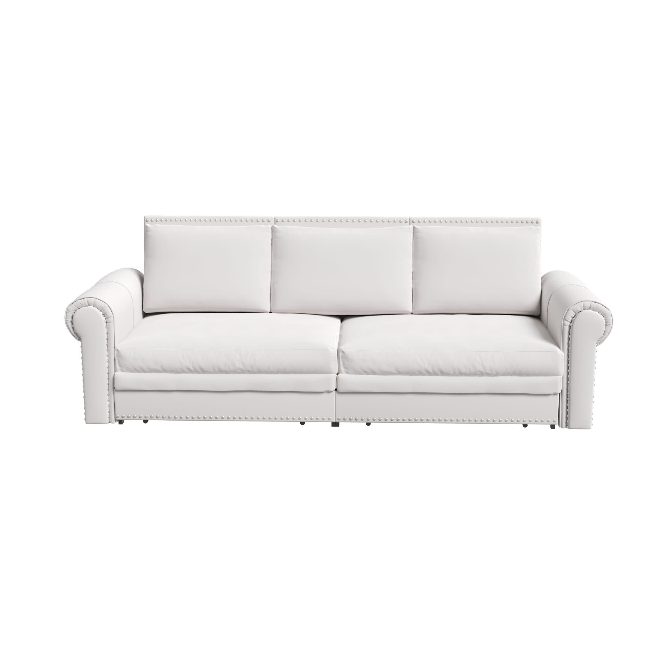 Noble House Lexair Velvet Chesterfield Pull Out Sofa Bed, 3-in-1 King Sleeper Couch with Nailheads & Rolled Arm, Beige White