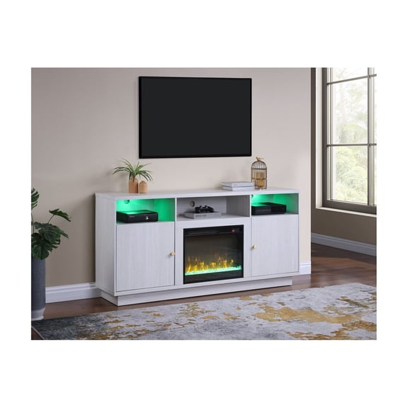 Ambrose 70"W White Engineered Wood Fireplace TV Console w/LED Heater Shelves