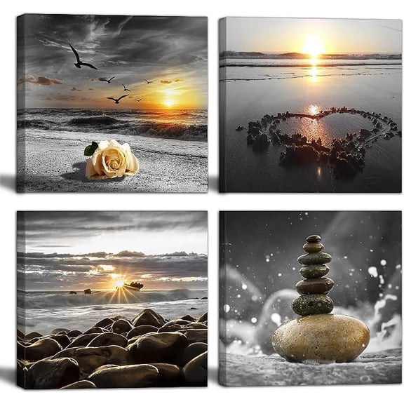 Beach Wall Art Canvas Zen Prints Art Black and White Wall Decor Gold Sea Sunset Seascape Wall Pictures Ocean Sunrise Love Painting for Living Room Bathroom Decor Home Decoration Framed