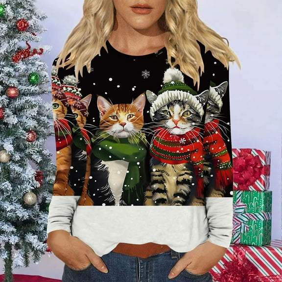 AGWOLF Christmas Plus Size Shirts for Women Cute Cat Print Long Sleeve Sweatshirts Xmas Lightweight Crewneck Tops Ugly Holiday Festive Pullover