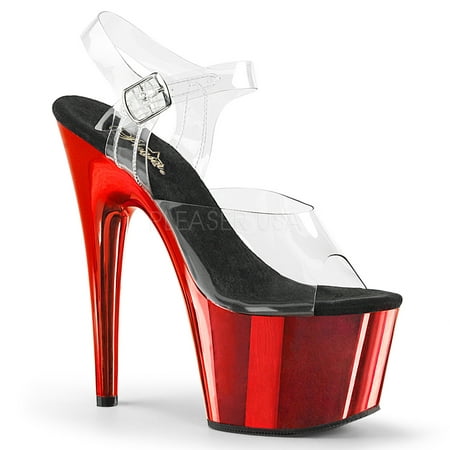 Image of 7 Heel 2 3/4 PF Ankle Strap Sandal w/ Chrome Plated Botto - Clr/Red Chrome 11