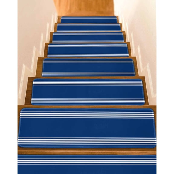 Stair Treads for Wooden Steps, Blue Striped Peel and Stick Stair Treads with Reusable Adhesive, Farmhouse Blue White Stripes Non Slip Indoor Stairs Runner Rugs Mats for Elders Dogs 8"x30" 7PCS