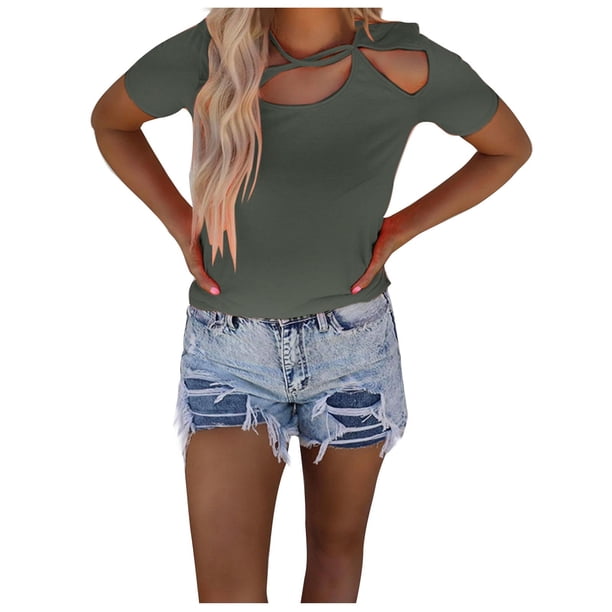 Tops sólidos de manga corta de ocio de cuello redondo de verano de moda para mujer Fridja zx1724
