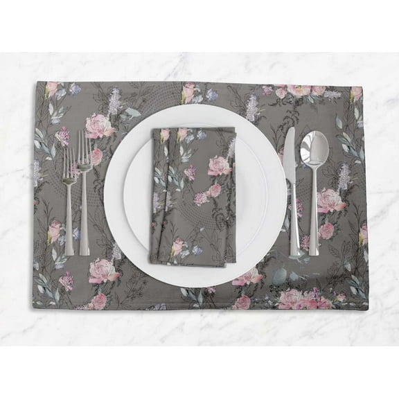 S4Sassy Gray Blossom & Peony Floral Everyday Washable Placemats With Napkins Dining Table Decor