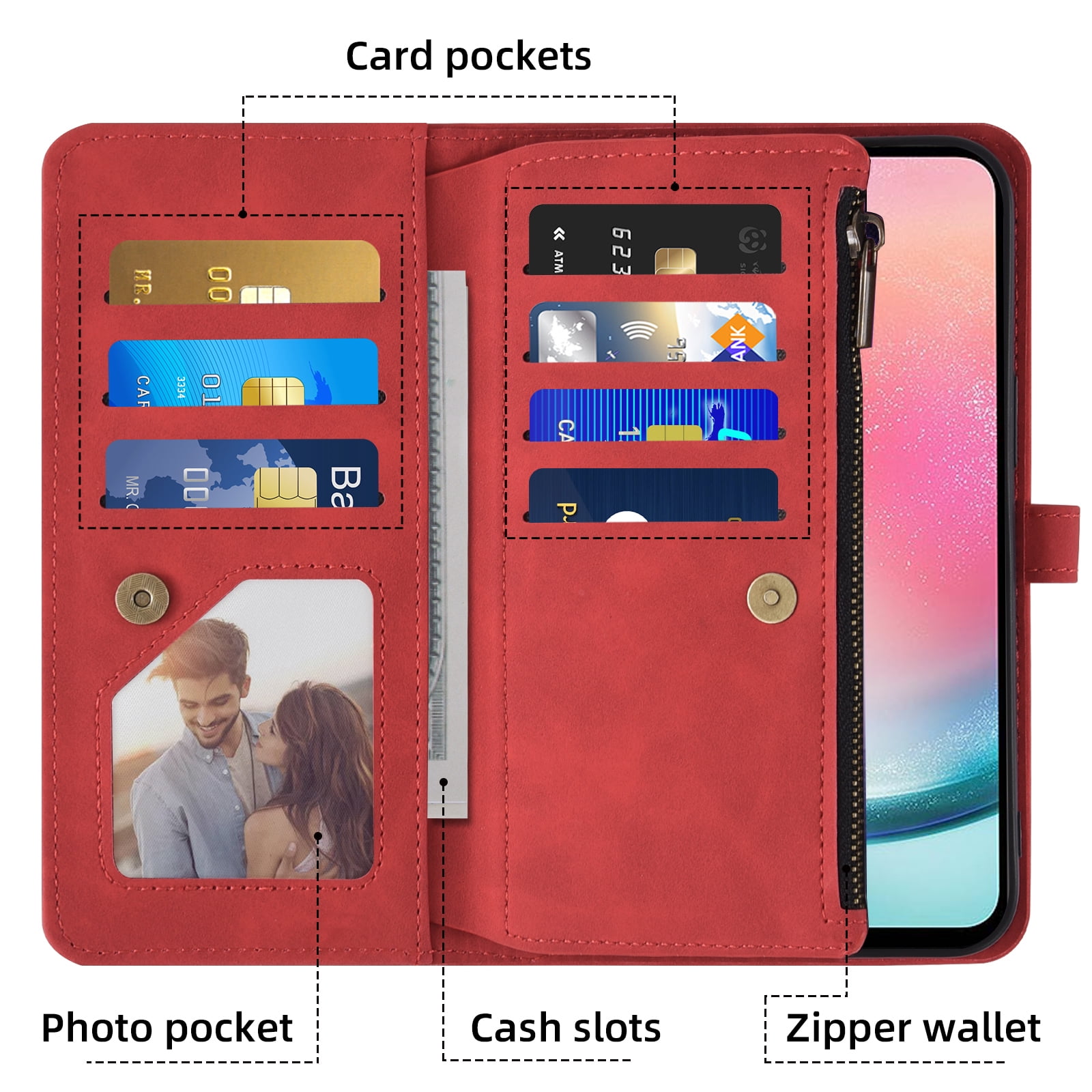 Asuwish Phone Case for Samsung Galaxy A25 5G Wallet Cover With Tempered Glass Screen Protector Crossbody Wrist Strap Flip Pattern Zipper Credit Card Holder Stand Cell A 25 25A SM-A256U Women Men Red