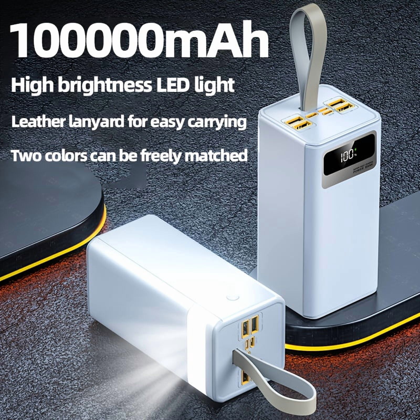 A 100000Mah Power Bank with 22.5W Super Fast Charging, Large Capacity, Intelligent Digital Display Screen, Leather Hanging Rope,Outdoor Camping LED Light,Travel Backup Power Supply,Suitable for Phone