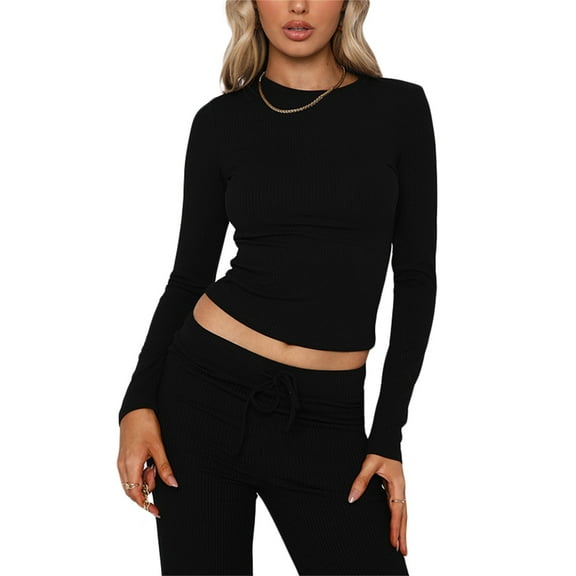 Women's Autumn Slim Tops, Solid Color Ribbed Long Sleeve Round Neck Cropped T-shirt