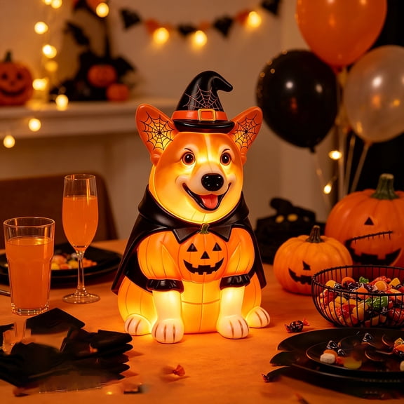 ZENVIVE Freestanding Lighted Dog Blow Mold Halloween Decor, Corgi Statue with Witch Hat Pumpkin Design, Cute Resin Light Decor with Warm LED Glow for Indoor, Outdoor, Yard, Patio, Garden & Display