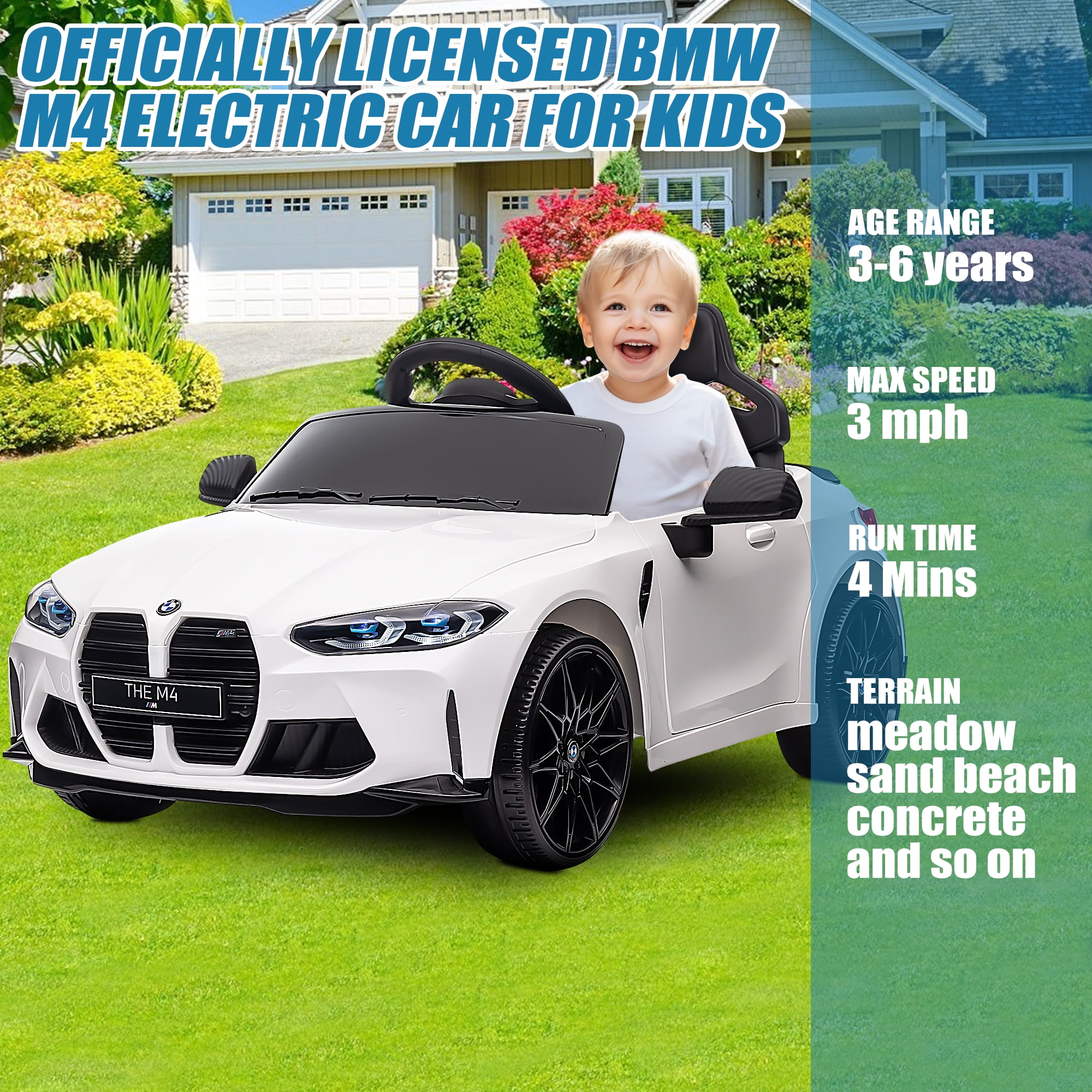 12V Ride on Cars with Remote Control, Licensed BMW M4 Battery Powered Ride on Toys for Kids Boys Girls Gifts, Kids Electric Cars Vehicle with Music, Bluetooth, Story, USB/MP3 Port, LED Light, White