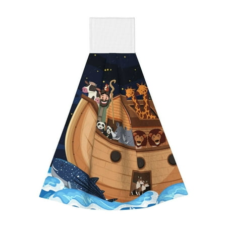 

Zeuib Ocean Scene with Noah s Ark Print Coral Velvet Hand Wipes Hanging Hand Towels Set with Hook & Loop Absorbent Towel for Bathroom Home