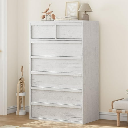 7 Drawer Dresser for Bedroom Modern Tall Chest of Drawers with Large Storage Wooden Dresser Organizer for Living Room Nursery Entryway White