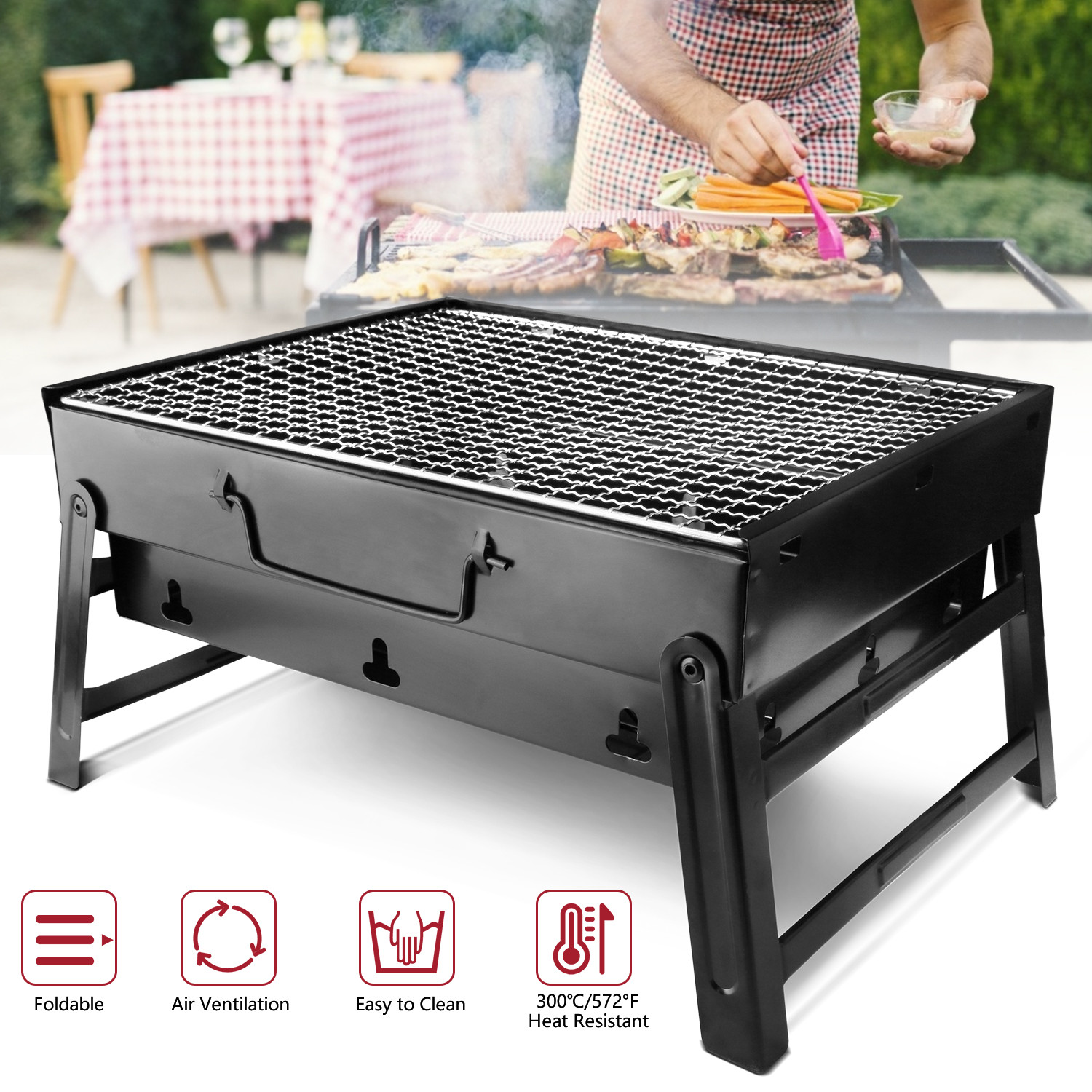 Htwon 13.7" Foldable BBQ Charcoal Grill, Portable Heavy Duty Barbecue Stainless Steel Tabletop Grill Stove with Handle Outdoor Camping Picnic Barbecue BBQ Accessories Tools - image 2 of 14