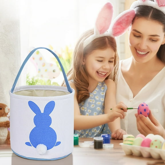 Hxoliqit Cute Animal Basket Holiday Rabbit Bunny Printed Canvas Gift Carry Candy Bag(Blue) For Easter