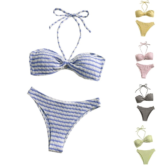 Fengqque Women's 2 Piece Swimsuit Halter Triangle Bikini Plaid Print Set Bathing Suits Women's Swimsuit Yellow S(S)