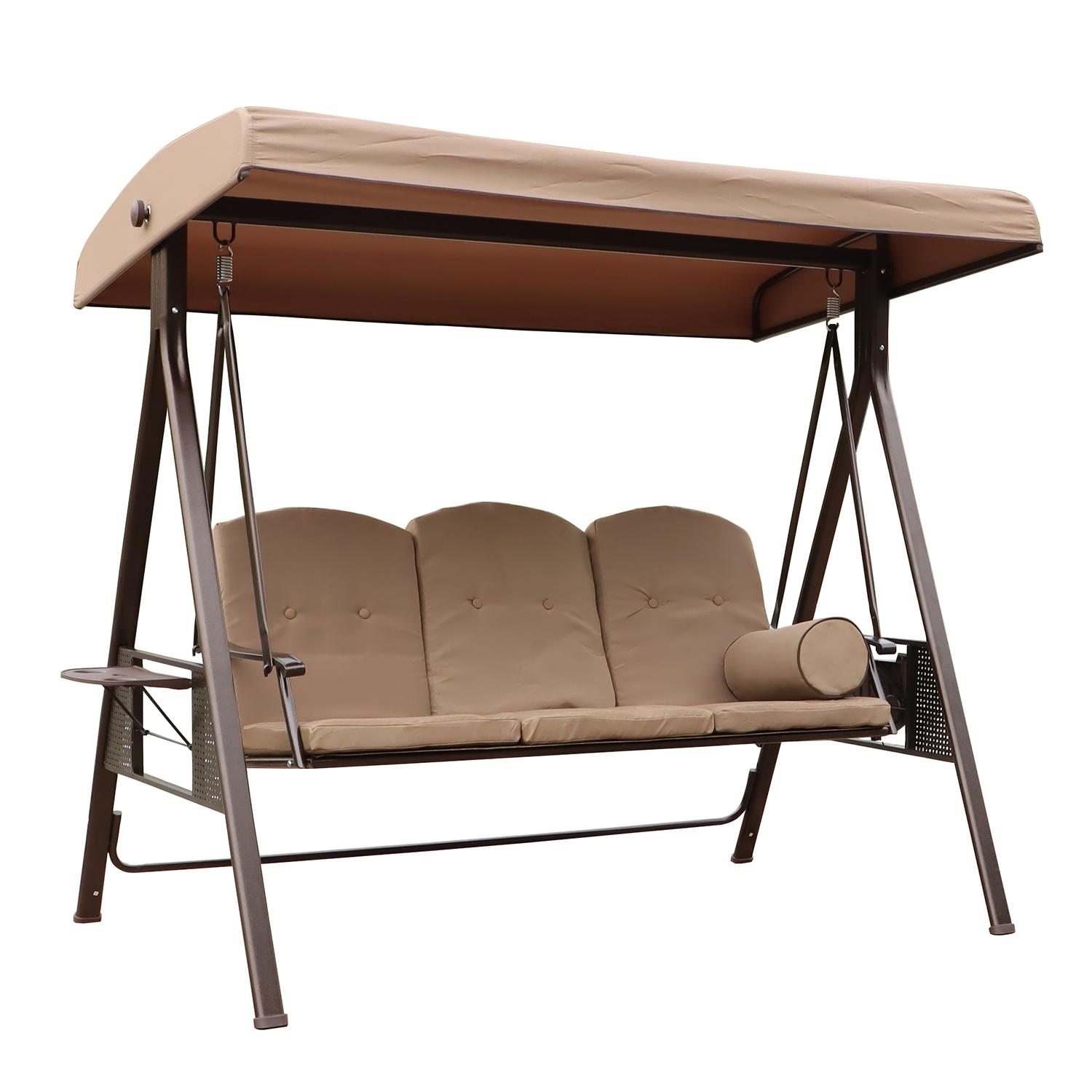 Leisure 3-Seat Patio Swing Glider Outdoor Canopy with Removable Cushions and Pillows for Backyard, Adjustable Shade Chair Hammock Lounge Chair Porch Garden with Side Tray and Steel Frame - Beige - image 2 of 8