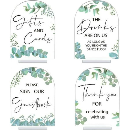 4Pcs 5x7 Inch Acrylic Wedding Signs with Stands Leaf Clear Acrylic Wedding Reception Signs Guest Book Sign Gifts and Cards Sign Thank You Sign Drinks Sign for Wedding Ceremony Reception colorful