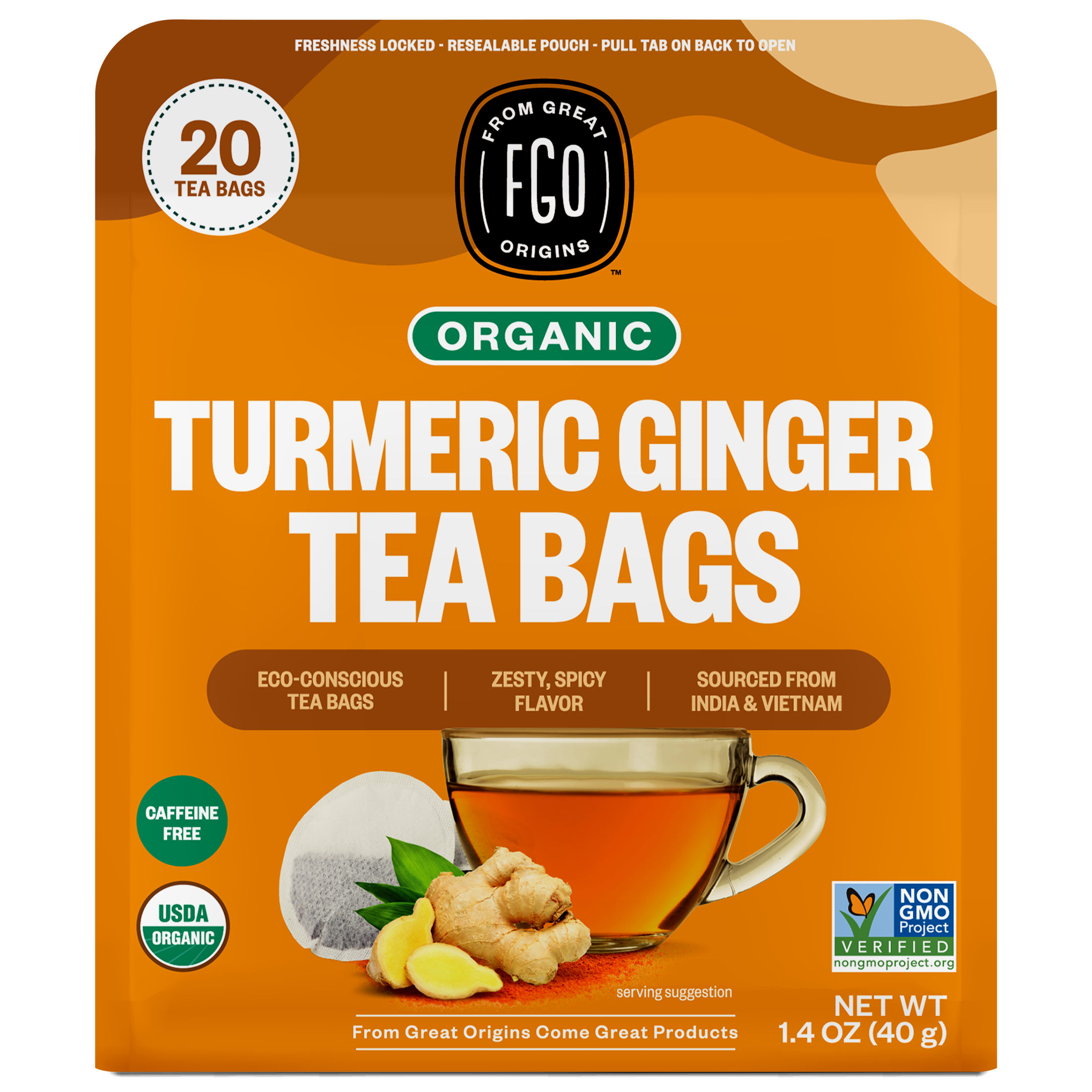 FGO Turmeric Ginger Tea, Organic, Eco-Conscious Tea Bags (20 Count)