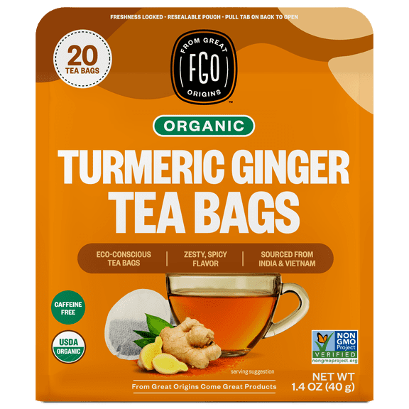 FGO Turmeric Ginger Tea, Organic, Eco-Conscious Tea Bags (20 Count)