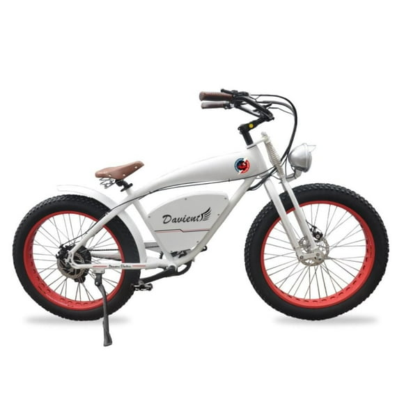 Demon Electric Davient 500W Vélo Électrique Cruiser Vintage 26 pouces, Batterie 16,75 Ah E-Bike, Freins Hydrauliques TEKTRO, Vélo Électrique à 7 Vitesses SHIMANO - Blanc, Jantes Rouges