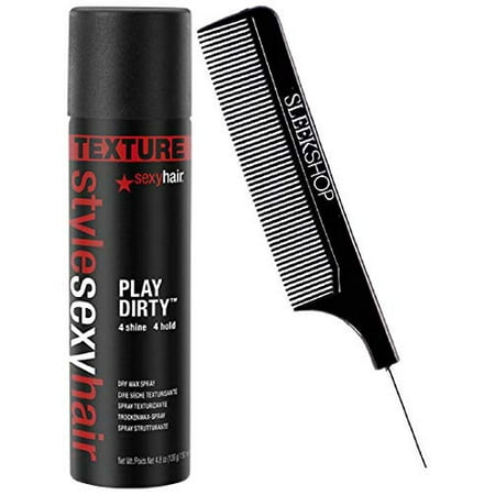 Style Sexy Hair PLAY DIRTY Dry Wax Spray Hairspray, TEXTURE, 4 Shine, 4 Hold (with Sleek Steel Pin Tail Comb) Hair Spray (4.8 oz / 150