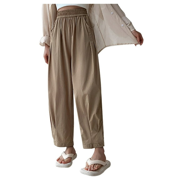 Lenpel Women's Casual Pants Elastic High Waisted Fold Pleated Palazzo Trousers Loose Lightweight Summer Lounge Pants