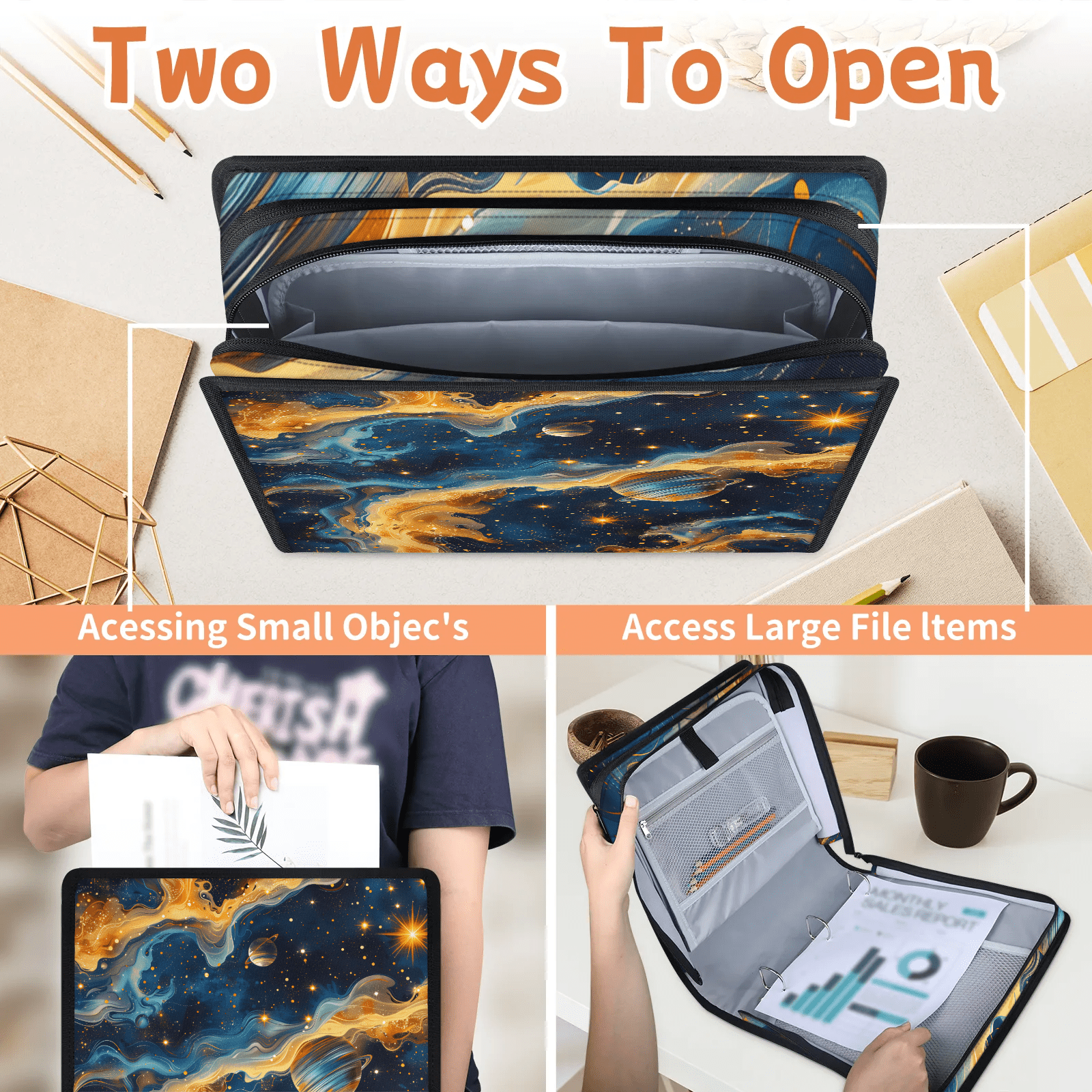 Herdesigns Outer Space Zipper Binder 1.5 Inch 3 D-Rings with Shoulder Strap & Handle, Waterproof Universe Planet Rocket Binder Organizer Bag for 13 Inch Laptop