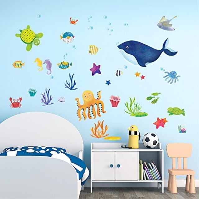 Sea Creatures vinyl stickers Kids Bedroom Decal window Boys wall art fish whale 