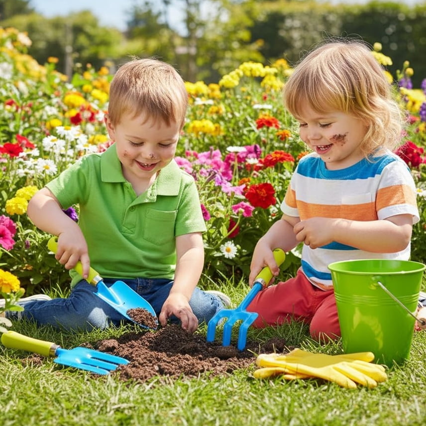 G & F Products JustForKids Kids Garden Tool Set, 2-Pack with Pails, Metal Tools with Wooden Handles, Shovel, Rake & Cultivator, Green & Blue
