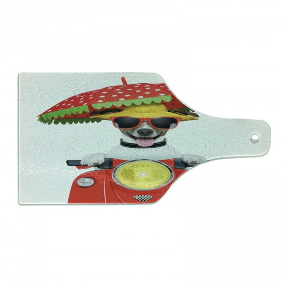 Animal Cutting Board, Dog with a Hat and Sunglasses Driving Motorcycle Under an Umbrella Funny Holiday Image, Decorative Tempered Glass Cutting and Serving Board, Wine Bottle Shape, Red, by Ambesonne