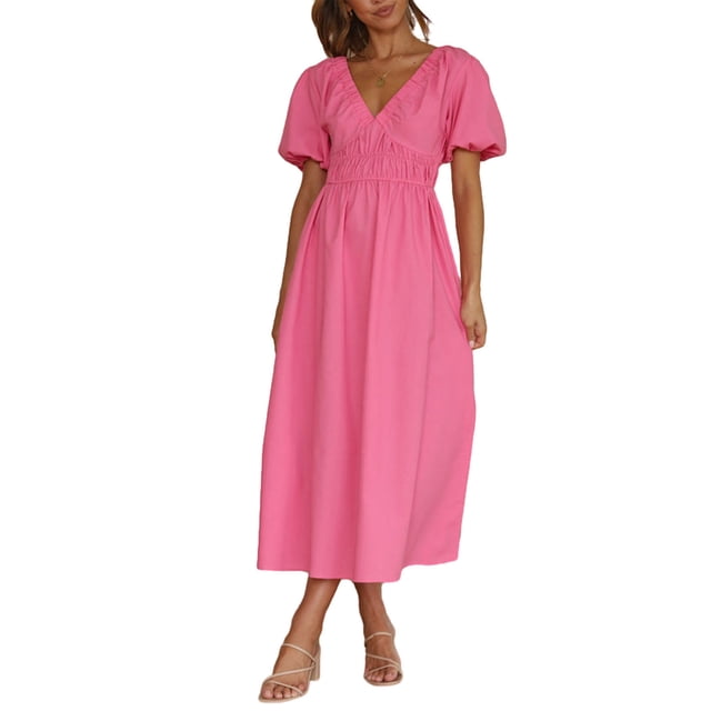 Sylvamorning Robe Midi d'Été pour Femmes Manches Courtes Col en V Robe Longue Froncée pour les Vacances