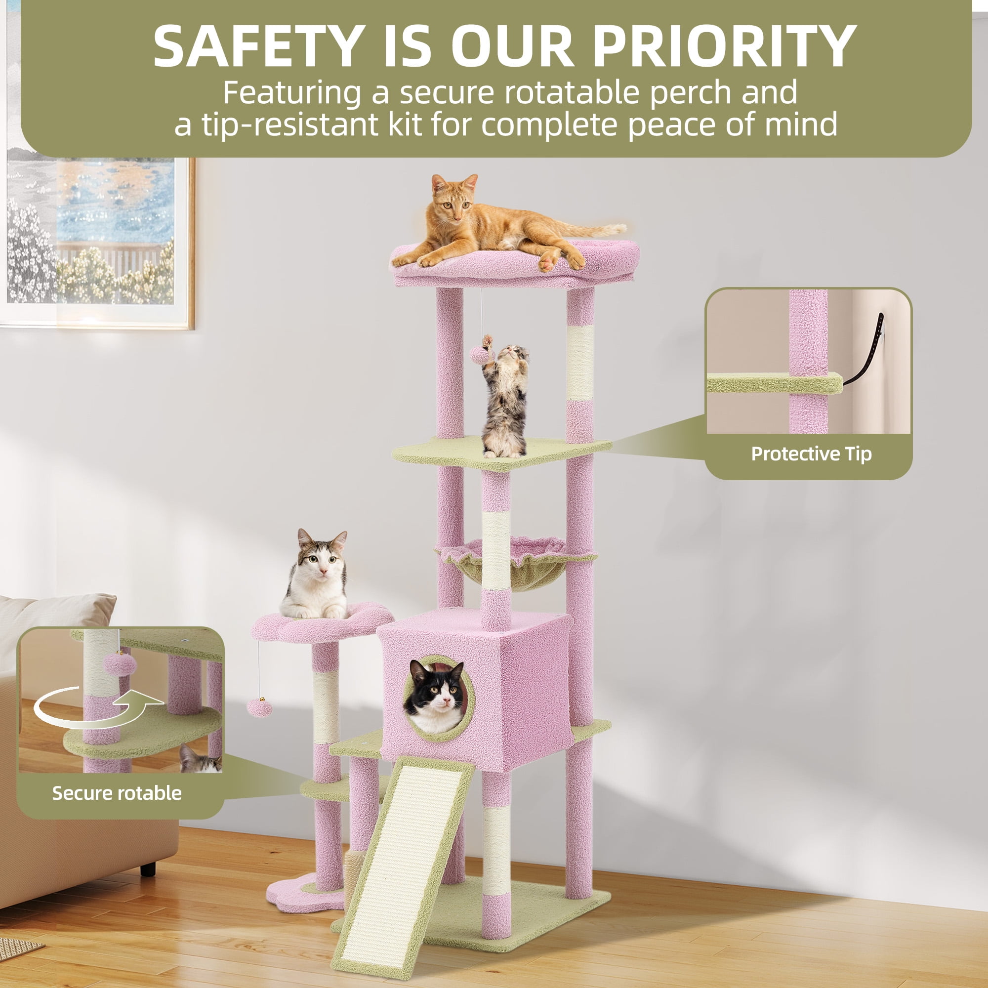 Uforic 61" Large Flower Cat Tree Tower with Hammock, Sisal Scratching Posts and Cat Scratched Board, Pink & Green