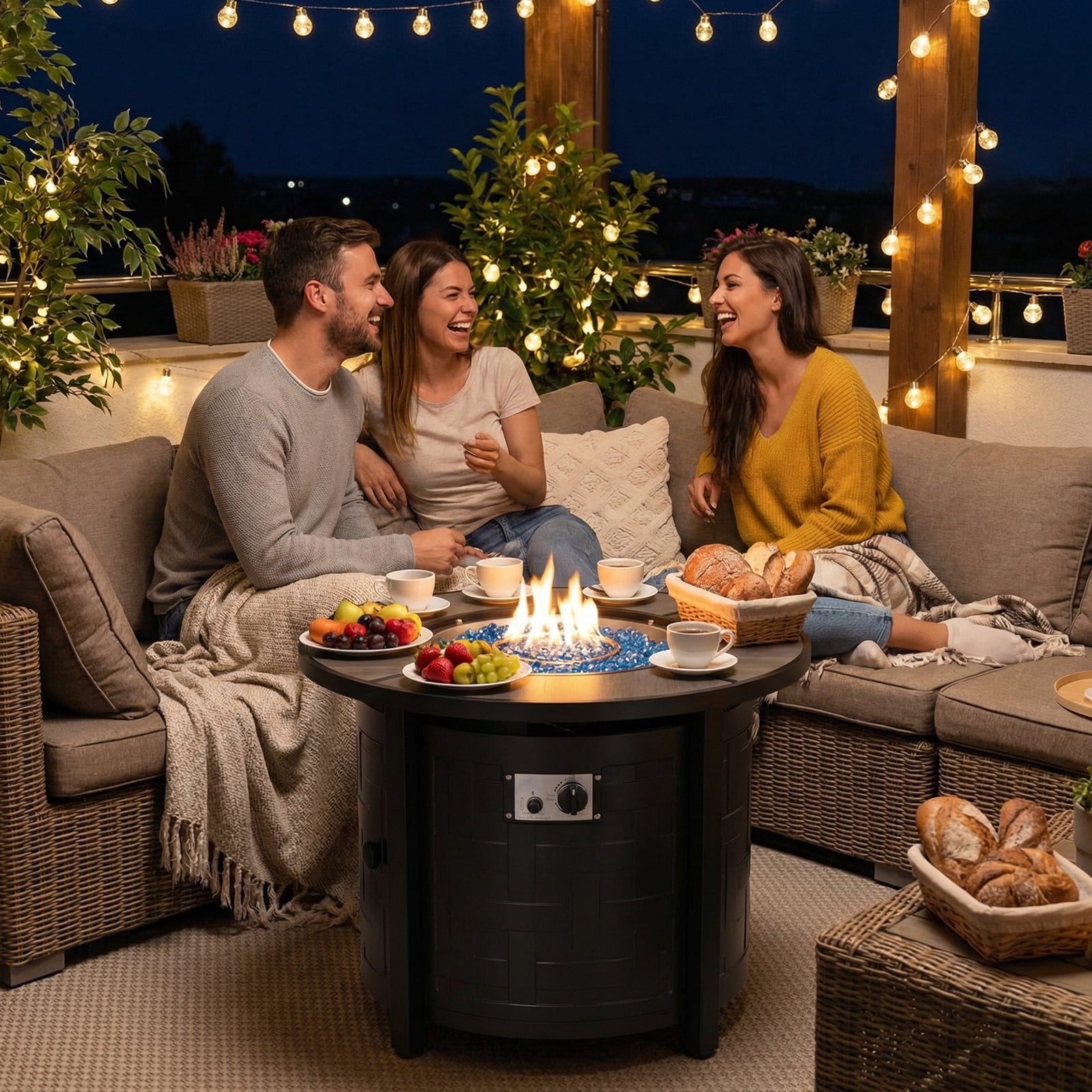 TLGREEN 30" Propane Fire Pit Table with Lid and Blue Stone, 50,000 BTU Auto-Ignition Round Gas Fire Pit for Outdoor, Backyard (Gray)