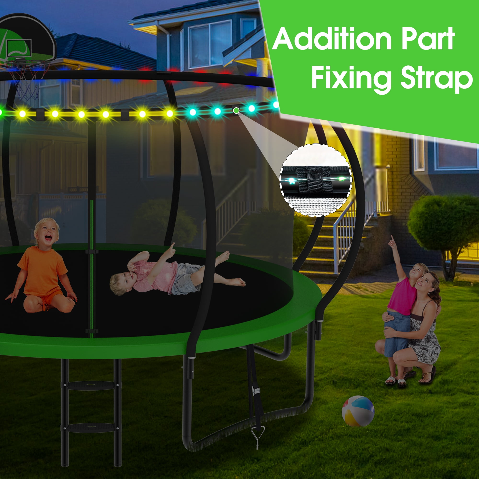 XMIKA 14FT Trampoline with Enclosure, Basketball Hoop, Ladder, Outdoor Trampolines, Heavy Duty Galvanized Full Spray Round Backyard Trampoline for Adults and Kids, 1400lbs Loading, Green