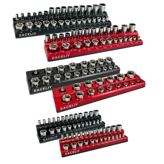 6-Piece Magnetic Socket Organizer Set, 1/2", 1/4" and 3/8" SAE & Metric Deep & Shallow Socket Holder Kit, holds 141 Stannard Sockets, attaches to steel box/tool cart (sockets not included)